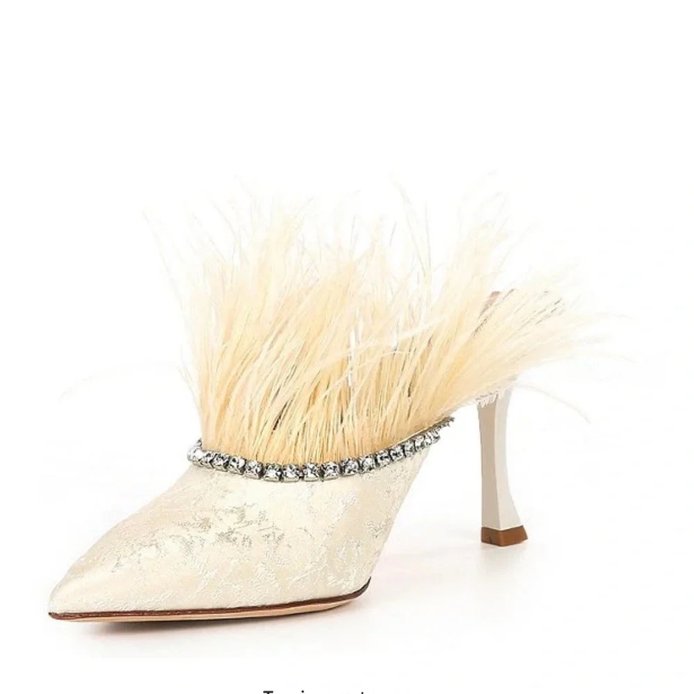 Antonio Melani x Nicola Bathie Liz Ostrich Feathers Rhinestone Dress Mules - Picture 2 of 16
